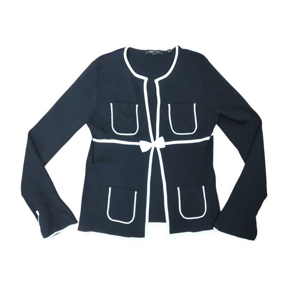 Vintage 90s BCBGMAXAXRIA Black and White Trim Bow Cardigan Sweater M - Picture 5 of 9